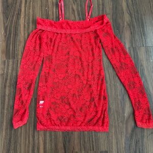 Women's M Red Lace Ruffle Off-Shoulder Spaghetti Strap LS Top Romantic Gothic